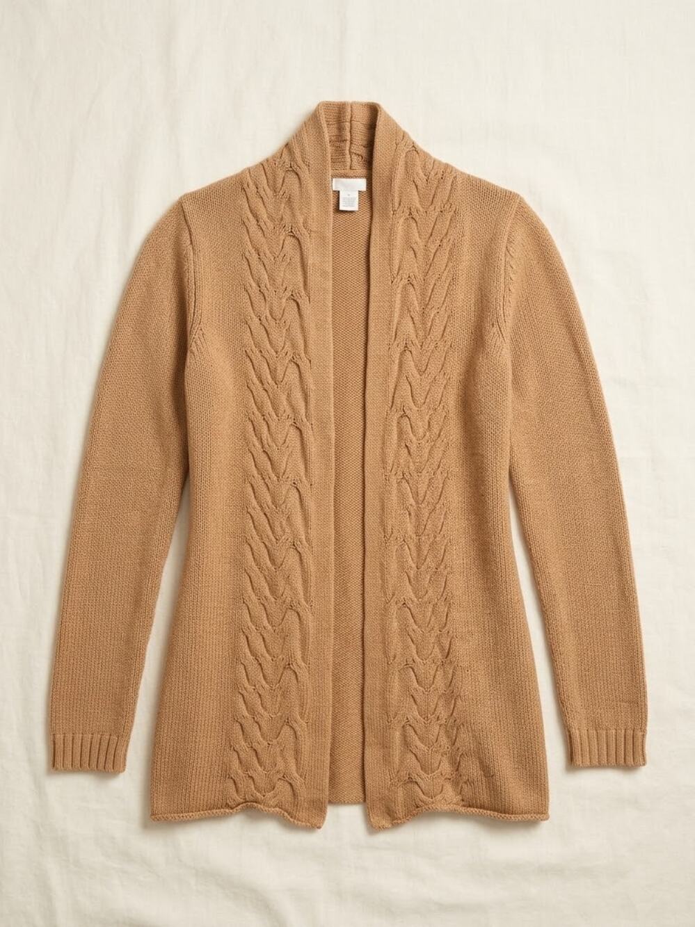 GUESS XS Camel Cable Knit Cardigan Shawl Open Front 100% Cotton